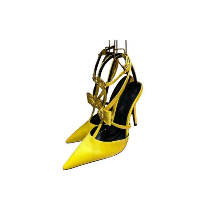 Yellow Buckles Stiletto Kitten Heel Bow T-strap Slingback