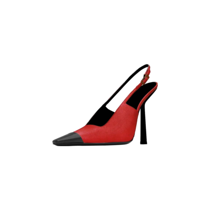 Red Patchwork Pointed Toe Buckle Kitten Heel