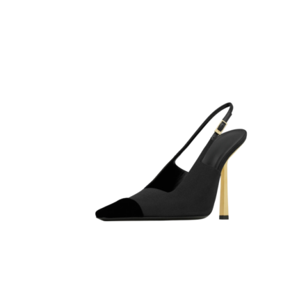 Black Patchwork Pointed Toe Buckle Kitten Heel